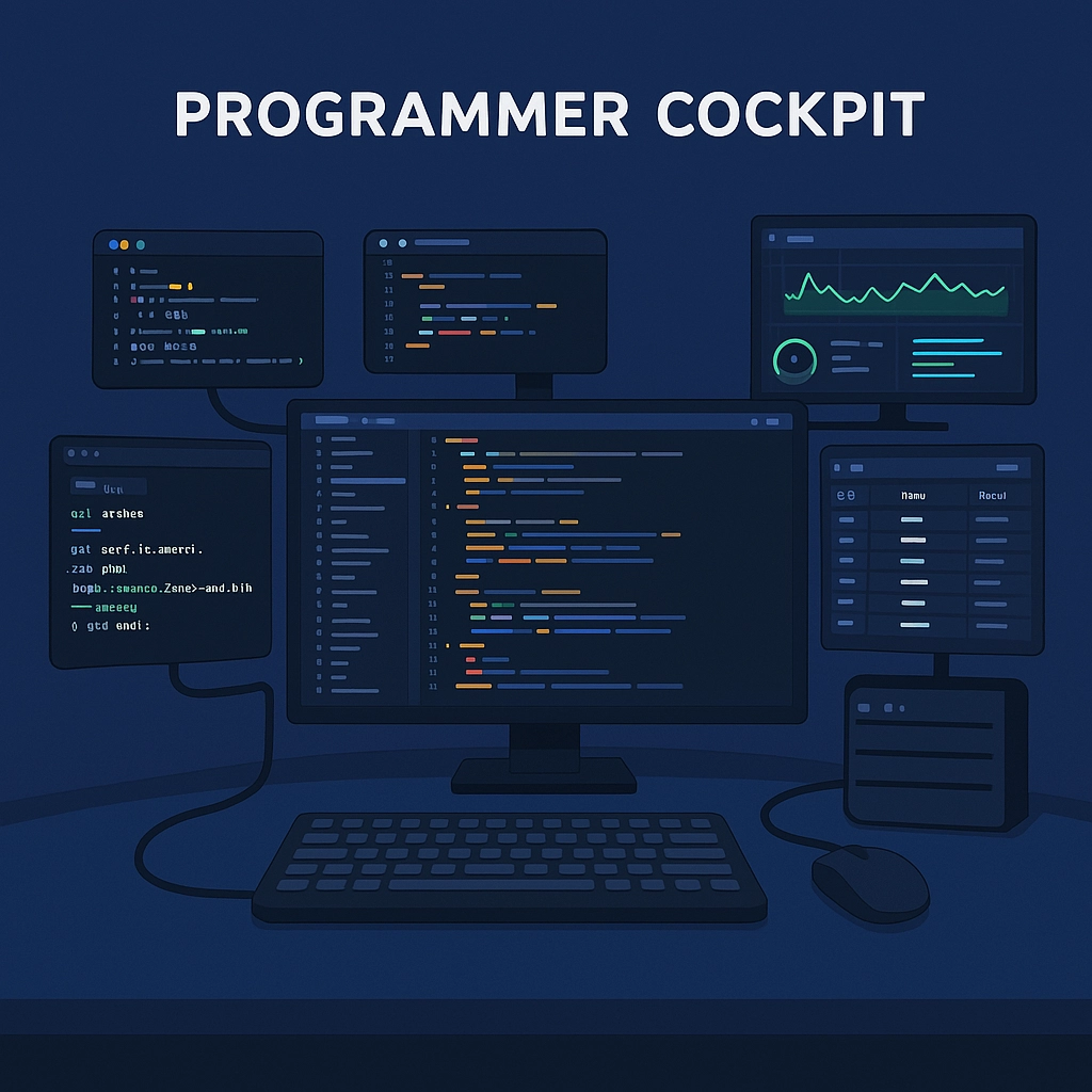 Schermata multi-tasking dello sviluppatore Pro con IDE, CLI, Git, DB, Monitoring